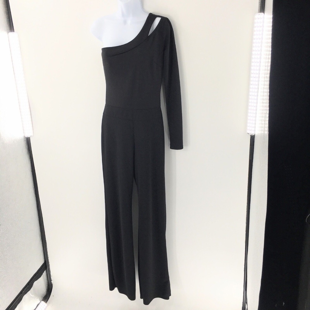 Fashion Nova Jumpsuit One Shoulder Cut Out Stretch Romper Black Flared Leg Sz M